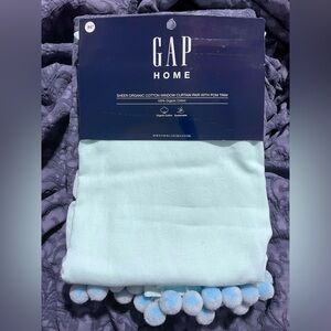 New GAP Home Blue Organic Cotton Window Curtain Panel PAIR 48”X84” Boho Pom Poms